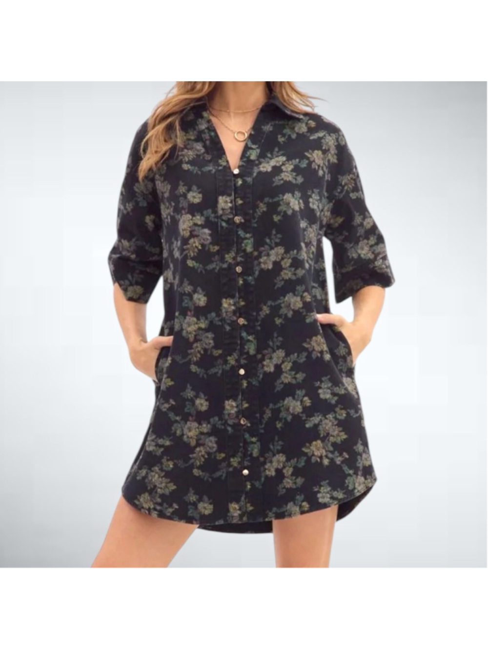 Entro Marci Floral Print Denim Mini Dress in Black Size Small